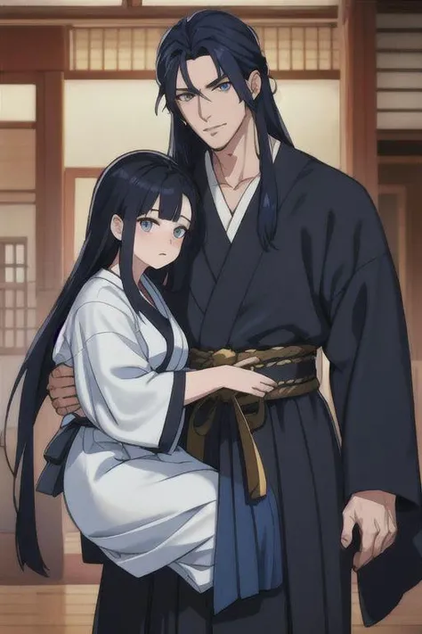 Couple, husband and wife, husband carry wife,
,Break,
Father, blue hair, gold eyes, handsome, tall, black hakama,
,Break,
Wife, old woman, blue eyes, long black hair, black hair blunt, blue hakama