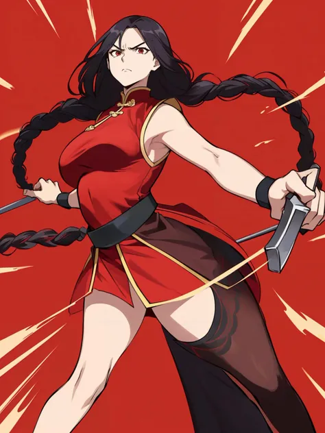 (masterpiece) and (best quality),(perspective lens, a woman with long hair, dynamic pose of Serious and mean expression,Two hands brandishing huge weapons), (Pure red background:1.2),An 18-year-old Chinese female warrior,captured mid-motion,with her long braided hair flowing