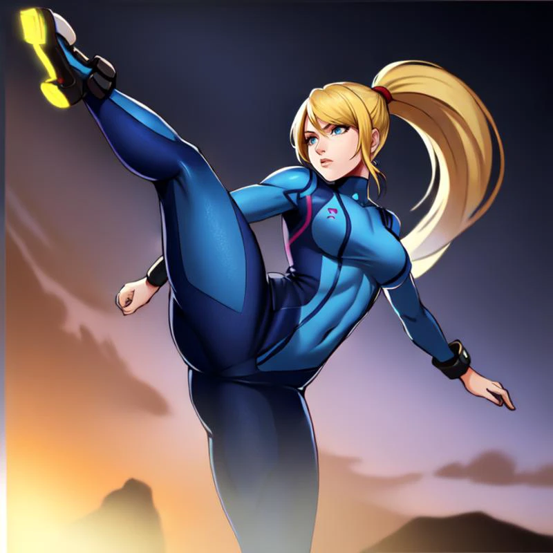 cowboy shot, solo, <lora:highKickPoseStr01-07:0.35> kicking, high kick, leg up, standing on one leg, standing split, <lora:samusAranStr07-09Triggers Samus aran, ponytail, hair tie, blue gloves, blue bodysuit, high heels:0.8> samus aran, ponytail, blue bodysuit, medium breasts, long hair, blonde hair, highres, Digital art, trending on artstation, best quality, insanely detailed, masterpiece, stunning environment, wide-angle,