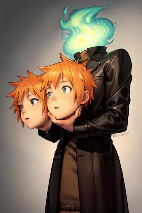 <lora:machi_kyouko-10:0.7>, holding head, headless, short hair, orange hair