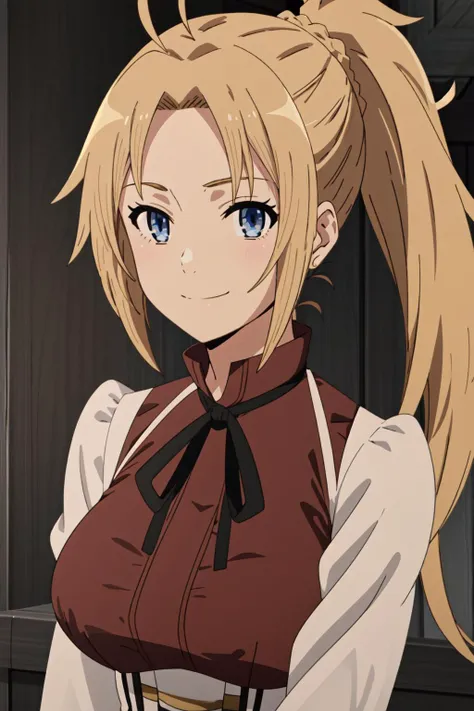 <lora:anime_screencap_v2:0.3>
<lora:eft_zenith-02:1>, EFT_Zenith, 1girl, solo, blonde hair, smile, blue eyes, upper body, ponytail, shirt, ahoge, neck ribbon, ribbon, breasts, looking at viewer, closed mouth, braid, red shirt, bangs, anime coloring, large breasts, parody, black ribbon