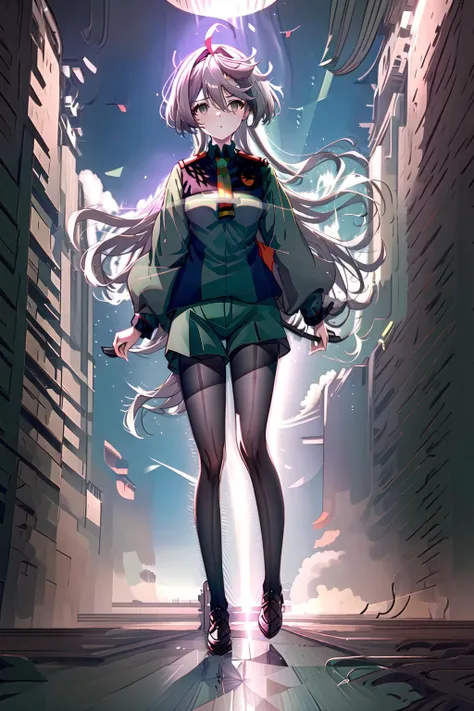 miorine, 1girl, miorine rembran, asticassia school uniform, solo, long hair, grey eyes, grey hair, ahoge, seamed legwear, green shorts, necktie, bangs,black pantyhose, long sleeves, green jacket, red necktie, standing in space, sunlight, full body, black shoes, <lora:Miorine-000009:0.8>, body focus, close up, <lora:doortoinfinity:1.0>