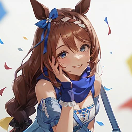 masterpiece, best quality, close up, faceshot, looking at viewer,
super creek \(umamusume\), smile, hand on own cheek, upper body, confetti, 
blue scarf, detached sleeves, bare shoulders, o-ring, clothing cutout, wrist cuffs, scrunchie, strap between breasts, handbag, shoulder bag, blue dress, white skirt, zettai ryouiki, thigh boots,
<lora:super_creek_locon:0.7>