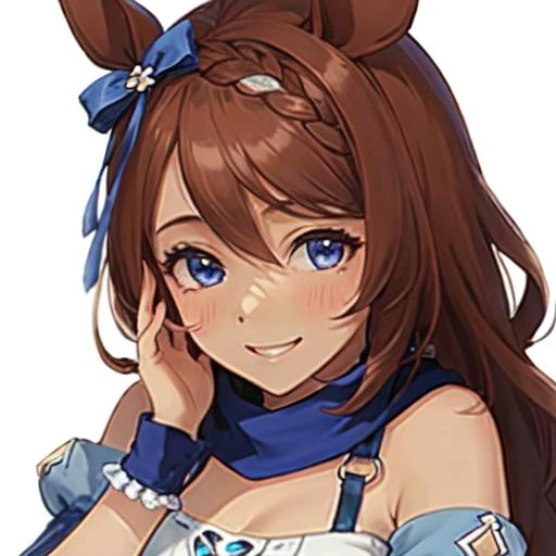 masterpiece, best quality, close up, faceshot, looking at viewer,
super creek \(umamusume\), smile, hand on own cheek,
blue scarf, detached sleeves, bare shoulders, o-ring, clothing cutout, wrist cuffs, scrunchie, strap between breasts, handbag, shoulder bag, blue dress, white skirt, zettai ryouiki, thigh boots,
<lora:super_creek_locon:0.7>