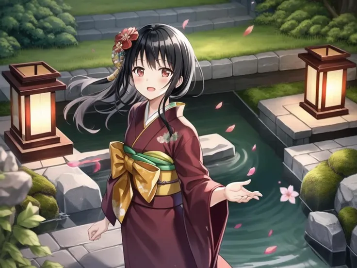 extremely detailed CG unity 8k wallpaper, masterpiece, best quality, ultra-detailed, Ink wash painting style, ((1 black hair girl)), blush, open mouth, look up, long hair, beautiful detailed luxury kimono, long sleeve, dress bow, Japanese garden, beautiful detailed Garden bridges, tree, Moss lawns, Stone lanterns, Rock, sand and gravel, beautiful detailed water, sunlight in dawn, dusk, bloomed flower, flying petal, floating, finely detail, glitter light, dedicated shadow