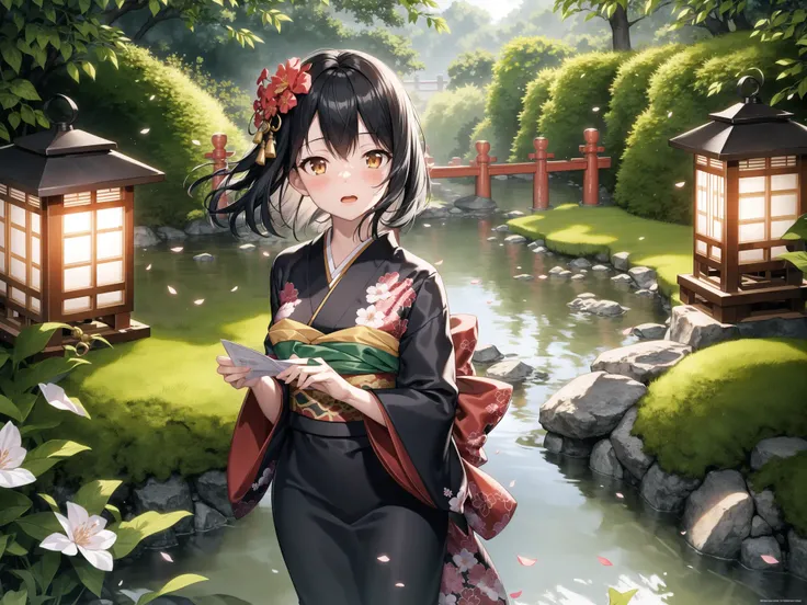 extremely detailed CG unity 8k wallpaper, masterpiece, best quality, ultra-detailed, Ink wash painting style, ((1 black hair girl)), blush, open mouth, look up, long hair, beautiful detailed luxury kimono, long sleeve, dress bow, Japanese garden, beautiful detailed Garden bridges, tree, Moss lawns, Stone lanterns, Rock, sand and gravel, beautiful detailed water, sunlight in dawn, dusk, bloomed flower, flying petal, floating, finely detail, glitter light, dedicated shadow