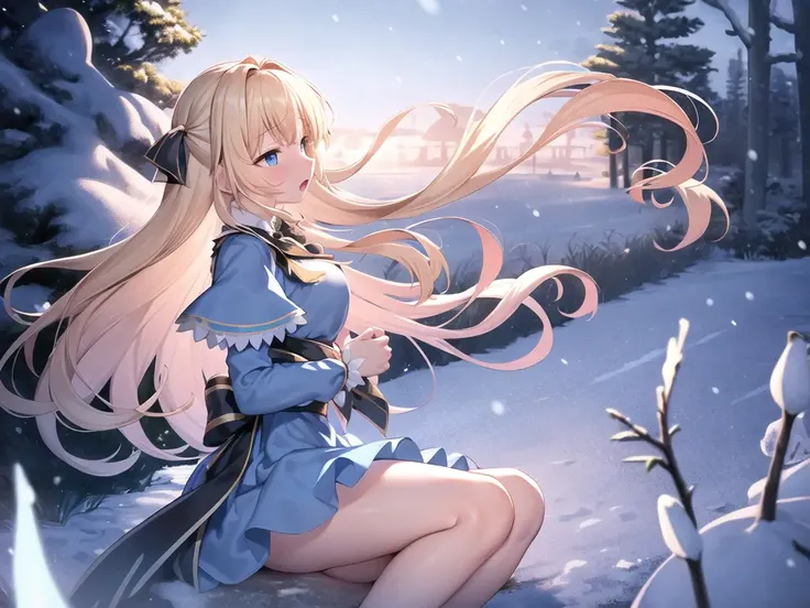 extremely detailed CG unity 8k wallpaper, masterpiece, best quality, ultra-detailed, an extremely delicate and beautiful, from side, blonde girl, alice in wonderland, blush, open mouth, breasts, thigh, long hair, blue-white dress, long sleeves, black hairband, dark, Birch, Pine, snowing, Snow field, slight snow