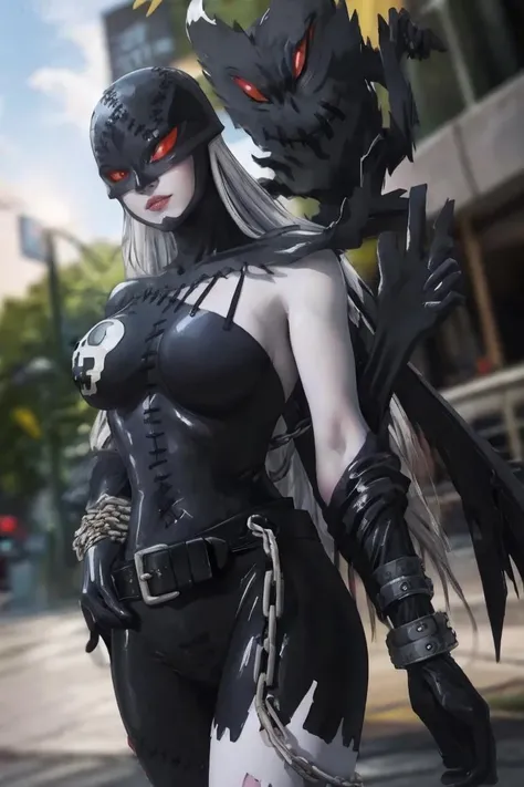 anime_ladydevimon_digimon_ownwaifu, www.ownwaifu.com, digimon \(creature\), long hair, chain, red eyes, breasts, mask, large breasts, belt, claws, cuffs, wings, shackles, gloves, colored skin, chained, collar, handcuffs, broken chain
<lora:ANIME_LadyDevimon_digimon_ownwaifu-15:1>, official art,extremely detailed CG unity 8k wallpaper, perfect lighting,Colorful, Bright_Front_face_Lighting,shiny skin, (masterpiece:1.0),(best_quality:1.0), ultra high res,4K,ultra-detailed, photography, 8K, HDR, highres, (absurdres:1.2), Kodak portra 400, film grain, blurry background, (bokeh:1.2), lens flare, (vibrant_color:1.2),professional photograph, (beautiful_face:1.5),