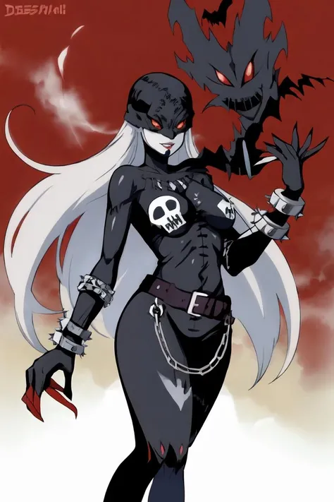masterpiece, best quality, 1girl, solo, anime coloring, flat color, (full body:0.5), (straight-on:0.5), 
ANIME_LadyDevimon_digimon_ownwaifu, www.ownwaifu.com, 
long hair, red eyes, breasts, digimon \(creature\), mask, large breasts, colored skin, white hair, very long hair, black wings, lipstick, red lips, tall female, 
bodysuit,  chain, collar, belt, claws, cuffs, wings, shackles, gloves, chained, handcuffs, broken chain, spikes, asymmetrical clothes,  skull print, 
<lora:ANIME_LadyDevimon_digimon_ownwaifu-15:0.8> ,
portrait, mountain, fog,