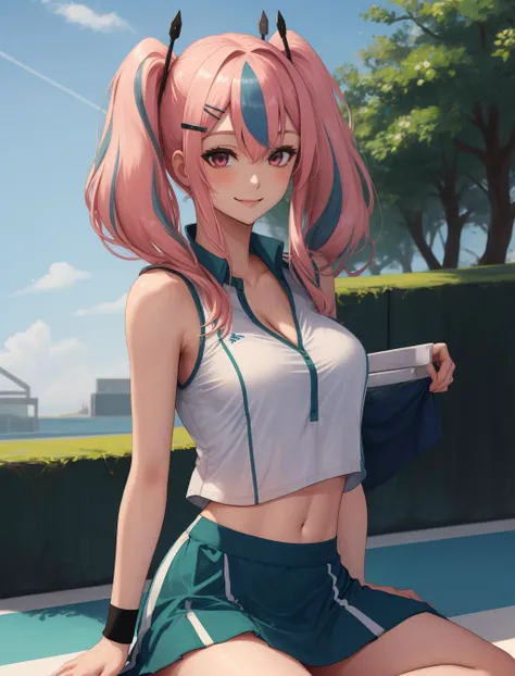 <lora:bremerton:1>bremerton, long hair, hair between eyes, grey hair, green skirt, pink hair, solo, blush, hairclip, pink eyes, outdoors, tennis field, navel, sidelocks, streaked hair, white shirt, cowboy shot, sleeveless, hair ornament, cleavage,smile, looking at viewer, twintails, sitting, two-tone skirt, skirt, midriff, two-tone shirt, collarbone, tennis uniform, bare shoulders, 1girl, collared shirt, crop top, wristband, white skirt, large breasts, simple background, crop top overhang, hair intakes, sleeveless shirt