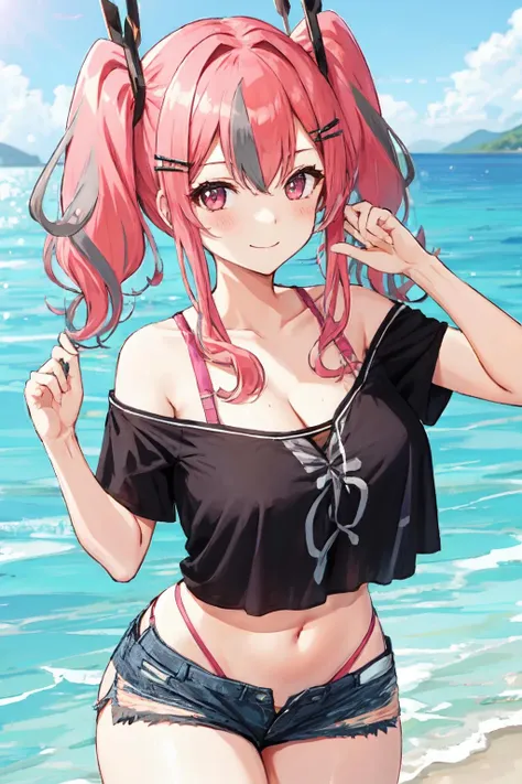 <lora:bremerton:1> bremerton, long hair, grey hair,pink hair, 1girl, solo, blush, pink eyes, navel, streaked hair, cleavage, hair ornament, smile, looking at viewer, twintails, collarbone, large breasts, t shirt, black t shirt, single off shoulder ,bare shoulder, bra strap, shorts, black shorts, denim shorts, highleg panties,