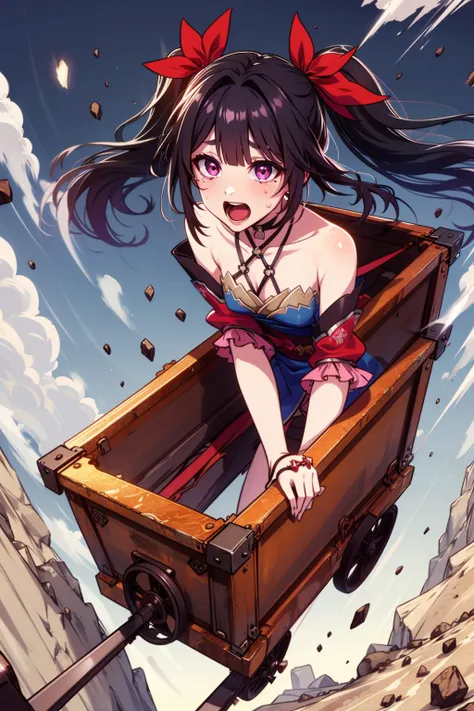 masterpiece, best quality, 1girl, solo, surprised,crying with eyes open,tears,tearing up,constricted pupils,screaming,scared, <lora:sparklehsr:0.8> Sparkle, twintails, black hair, bangs, pink eyes, fox mask, kimono, BREAK <lora:unstopableTrolley:0.5>, flying on minecar,falling towards the bottom of a cliff in high position,cliff,rusty,iron,(((box-shaped minecar,in box))),railroad tracks,speed lines,