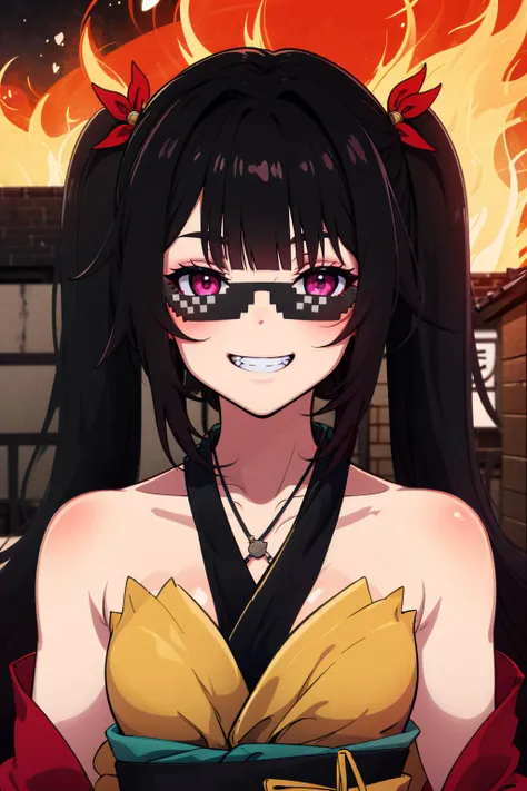 masterpiece, best quality, absurdres, 1girl, solo, life-size-body, upper body, grin, burning house behind, <lora:sparklehsr:0.8> Sparkle, twintails, black hair, bangs, pink eyes, kimono, <lora:DealWithIt2:0.8> incrsdealwithit, sunglasses