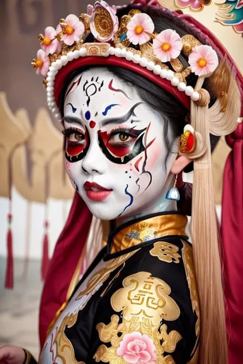 masterpiece, best quality,beautifully painted,highly detailed,ultra-detailed, {{{illustration}}}, {{color Ink wash painting}},{{ink splashing}},{{colorful}},{{color splashing}},{{sketch}},{Ancient palace background}, chinese girl,{{female focus on,lens 135mm f1.8}},chinese clothes,harem outfit, beautiful face, <lora:facial_makeup:0.85>, chinese_\(facialmakeup\), looking at viewer,