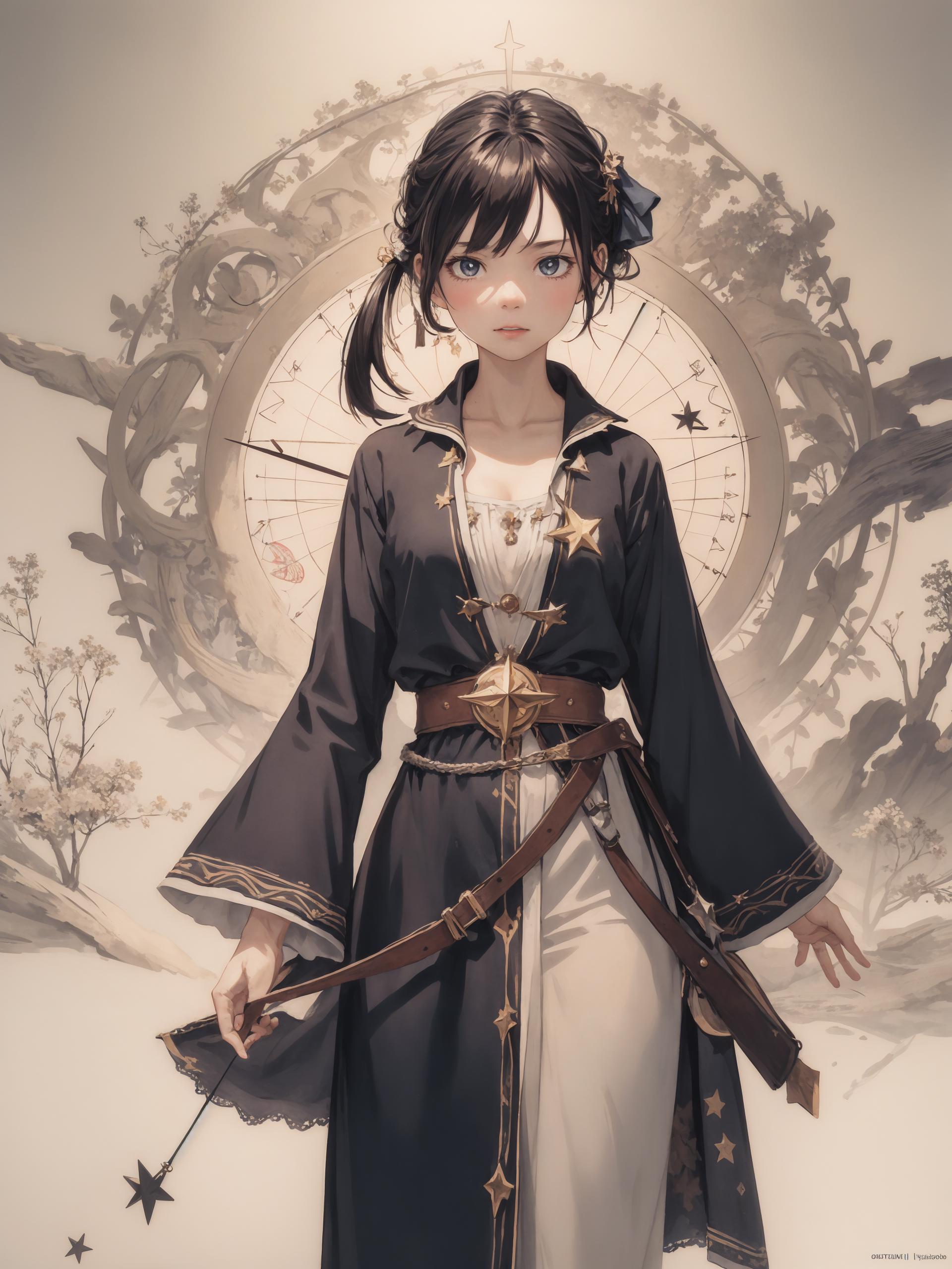 A woman in a long dress holding a bow and a sword - SeaArt AI