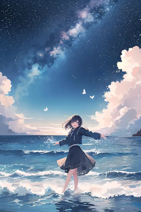 [(cloud background:1.5),::5] (isometric:1.0), 1girl, mid shot, full body, ocean, sea waves, water splashes, sky, light particles, butterflies, night, starry sky