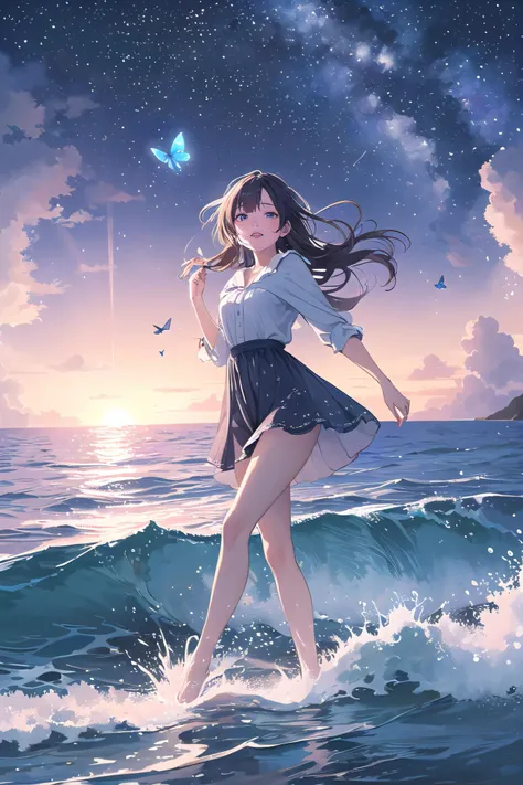 [(cloud background:1.5),::5] (isometric:1.0), 1girl, mid shot, full body, ocean, sea waves, water splashes, sky, light particles, butterflies, night, starry sky