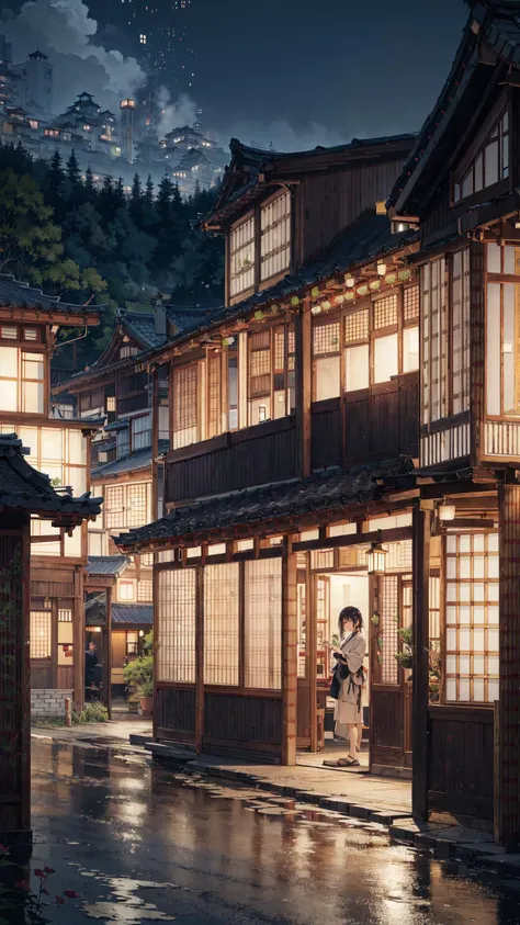 absurdres, highres, ultra detailed, splicing skyscraper ryokan, a building that has a lot of windows and balconies on it, japanese rural town, stood outside a corner shop, classified photo, low angle photo, rustic and weathered, complete house, evening, blurry and dreamy photo,
