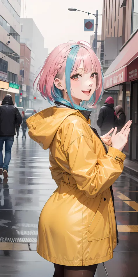 (1girl), streets, yellow rain coat, best quality, happy, smile, heavy rain, ((multicolored, white hair, pink hair)), city, cowboy shot