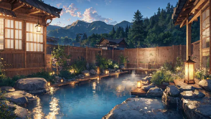 absurdres, highres, ultra detailed,  scenery, onsen, open-air bath, a bathtub surrounded by rugged rocks, outdoor,