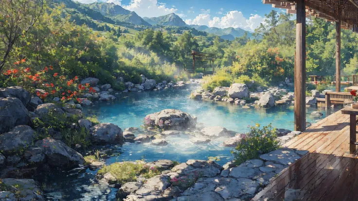 absurdres, highres, ultra detailed, scenery, onsen, open-air bath, a bathtub surrounded by rugged rocks, by the river,
