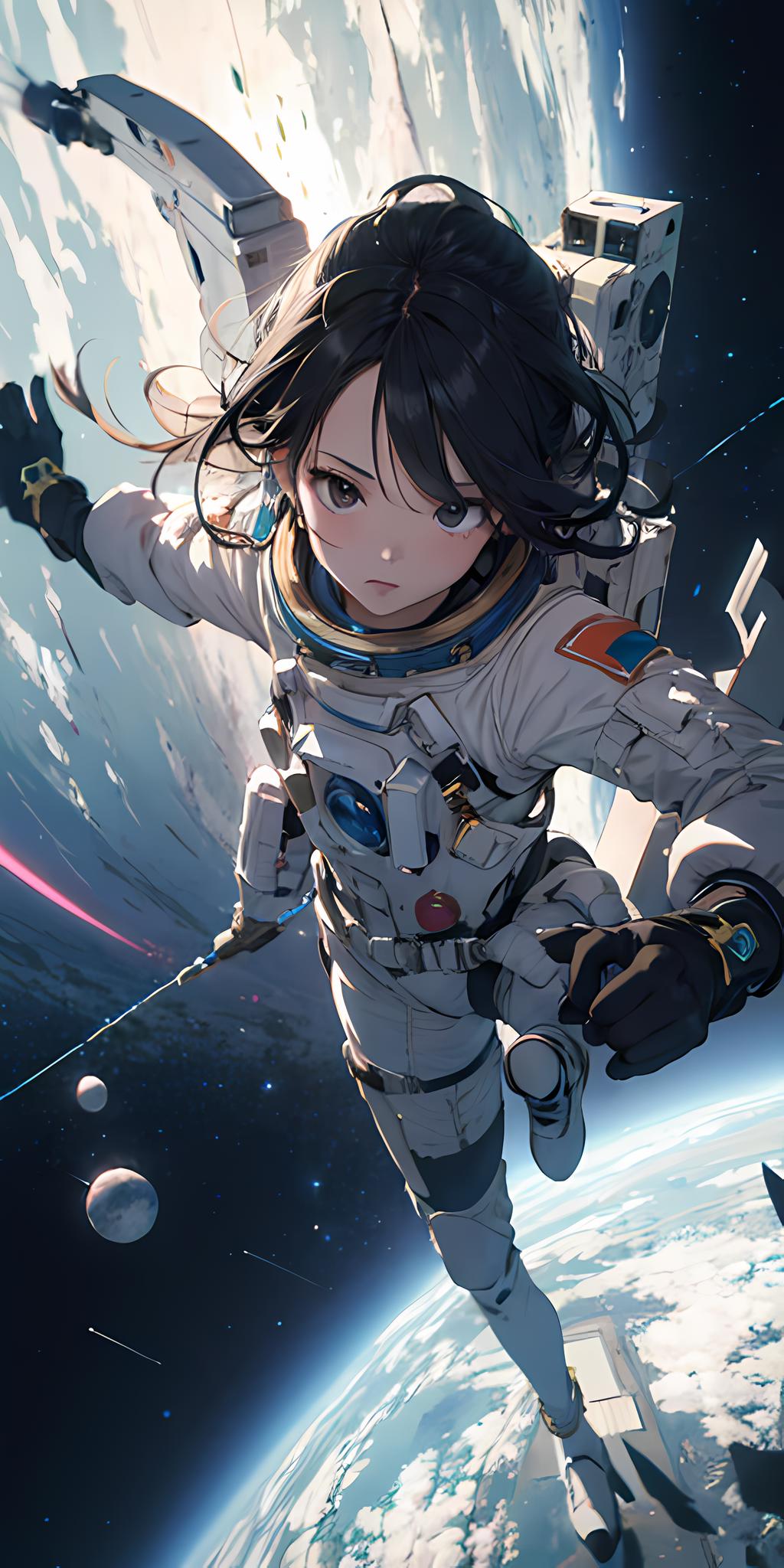 Chica de anime en el espacio con una nave espacial de fondo - SeaArt AI