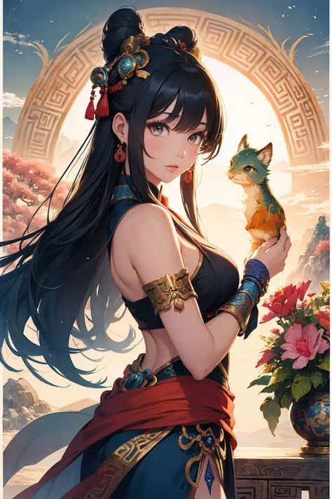 masterpiece, best quality, a beautiful girl inspired by a characters from Journey to the West, colorful and mystical, ancient Chinese art style, featuring mythical creatures, immortals,