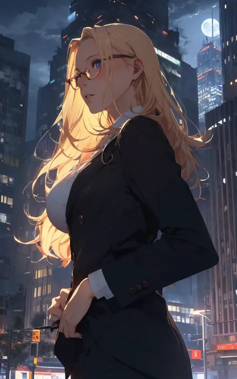 masterpiece, best detail ,(distinct_image), extreme cg,
delicate beautiful woman, (large breast, blond hair, glasses, dressing suit ),looking looking up from intersection,
building, decollate skyscraper, tower, clock tower, stacking, skyline,
from behind, from below, upper body,
cloudy night sky, moonlight, cold lighting