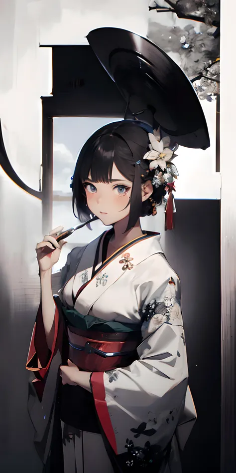 absurdres, highres, ultradetailed, (1girl:1.6), grainy, black and white, BREAK, ((japanese traditional art)), (black and white), mesmerizing shapes, dreamy imagery, zen calligraphy, BREAK, hanfu, geisha, exotic, upper body