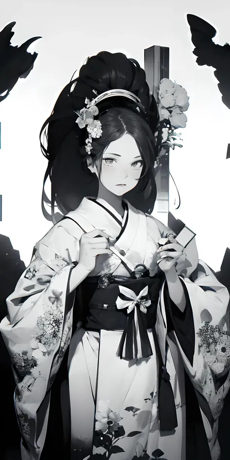 absurdres, highres, ultradetailed, (1girl:1.6), grainy, black and white, BREAK, ((japanese traditional art)), (black and white), mesmerizing shapes, dreamy imagery, zen calligraphy, BREAK, hanfu, geisha, exotic, upper body