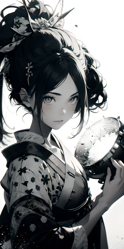 absurdres, highres, ultradetailed, (1girl:1.6), grainy, black and white, BREAK, ((japanese traditional art)), (black and white), mesmerizing shapes, dreamy imagery, zen calligraphy, BREAK, hanfu, geisha, exotic, upper body