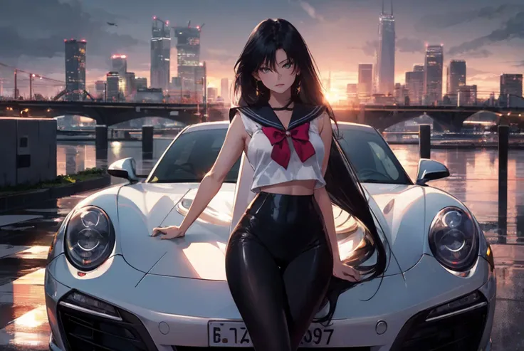 Masterpiece,best quality,
Sailor Mars posing on the hood of a silver Porsche 911, with a fiery determination in her eyes and her long black hair flowing behind her. The city skyline serves as a stunning backdrop, with the sun setting in the distance