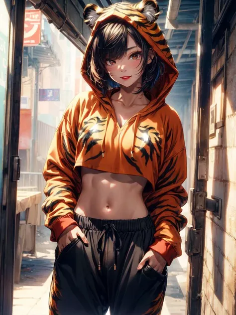 1 girl, beautiful Korean girl, (Cute Loose Bob hair), (wearing a cropped tiger hoodie, capri sweatpants:1.5), (hands in pockets:1.5), (red lips:1.3), (small breasts:1.3), (toned stomach:1.3), (eyelashes:1.2), (aegyo sal:1.2), (detailed face), immersive background, volumetric haze, global illumination, (flowing hair), (bright smile), natural lighting, ((beautiful detailed eyes, symmetrical eyes), (photorealism:1.5), (photorealistic:1.4), (8k, RAW photo, masterpiece), High detail RAW color photo, realistic, (highest quality), (best shadow), (best illustration), ultra high resolution, highly detailed CG unified 8K wallpapers, physics-based rendering, realistic, realism, high contrast, hyperrealism, f1.6 lens, rich colors, hyper-realistic lifelike texture, cinestill 800), <lora:add_detail:1>