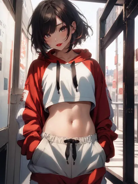 1 girl, beautiful Korean girl, (Cute Loose Bob hair), (wearing a cropped hoodie, capri sweatpants:1.5), (hands in pockets:1.5), (red lips:1.3), (small breasts:1.3), (toned stomach:1.3), (eyelashes:1.2), (aegyo sal:1.2), (detailed face), immersive background, volumetric haze, global illumination, (flowing hair), (bright smile), natural lighting, ((beautiful detailed eyes, symmetrical eyes), (photorealism:1.5), (photorealistic:1.4), (8k, RAW photo, masterpiece), High detail RAW color photo, realistic, (highest quality), (best shadow), (best illustration), ultra high resolution, highly detailed CG unified 8K wallpapers, physics-based rendering, realistic, realism, high contrast, hyperrealism, f1.6 lens, rich colors, hyper-realistic lifelike texture, cinestill 800)
