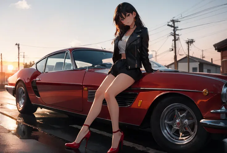 Masterpiece,best quality,
Sailor Mars leaning against a vintage red Ferrari, arms crossed with a sultry expression on her face. She's wearing a black leather jacket and high heels, and the setting sun casts a warm glow on the scene. Camera angle: medium shot.