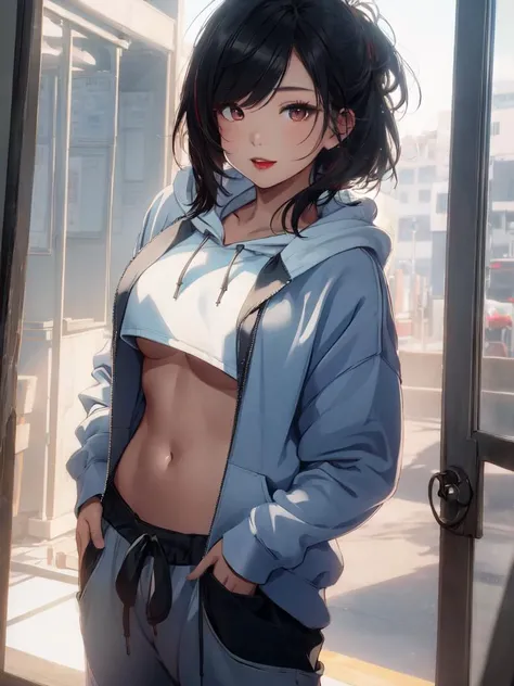 1 girl, beautiful Korean girl, (Cute Loose Bob hair), (wearing a cropped hoodie, capri sweatpants:1.5), (hands in pockets:1.5), (red lips:1.3), (small s:1.3), (toned stomach:1.3), (eyelashes:1.2), (aegyo sal:1.2), (detailed face), immersive background, volumetric haze, global illumination, (flowing hair), (bright smile), natural lighting, ((beautiful detailed eyes, symmetrical eyes), (photorealism:1.5), (photorealistic:1.4), (8k, RAW photo, masterpiece), High detail RAW color photo, realistic, (highest quality), (best shadow), (best illustration), ultra high resolution, highly detailed CG unified 8K wallpapers, physics-based rendering, realistic, realism, high contrast, hyperrealism, f1.6 lens, rich colors, hyper-realistic lifelike texture, cinestill 800)