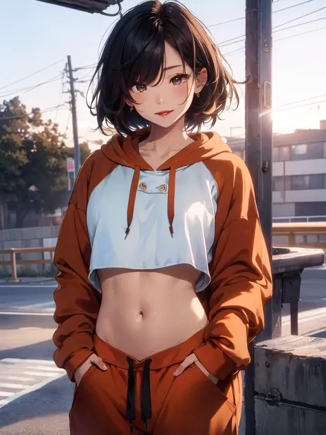 1 girl, beautiful Korean girl, (Cute Loose Bob hair), (wearing a cropped hoodie, capri sweatpants:1.5), (hands in pockets:1.5), (red lips:1.3), (small s:1.3), (toned stomach:1.3), (eyelashes:1.2), (aegyo sal:1.2), (detailed face), immersive background, volumetric haze, global illumination, (flowing hair), (bright smile), natural lighting, ((beautiful detailed eyes, symmetrical eyes), (photorealism:1.5), (photorealistic:1.4), (8k, RAW photo, masterpiece), High detail RAW color photo, realistic, (highest quality), (best shadow), (best illustration), ultra high resolution, highly detailed CG unified 8K wallpapers, physics-based rendering, realistic, realism, high contrast, hyperrealism, f1.6 lens, rich colors, hyper-realistic lifelike texture, cinestill 800)