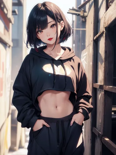 1 girl, beautiful Korean girl, (Cute Loose Bob hair), (wearing a cropped hoodie, capri sweatpants:1.5), (hands in pockets:1.5), (red lips:1.3), (small breasts:1.3), (toned stomach:1.3), (eyelashes:1.2), (aegyo sal:1.2), (detailed face), immersive background, volumetric haze, global illumination, (flowing hair), (bright smile), natural lighting, ((beautiful detailed eyes, symmetrical eyes), (photorealism:1.5), (photorealistic:1.4), (8k, RAW photo, masterpiece), High detail RAW color photo, realistic, (highest quality), (best shadow), (best illustration), ultra high resolution, highly detailed CG unified 8K wallpapers, physics-based rendering, realistic, realism, high contrast, hyperrealism, f1.6 lens, rich colors, hyper-realistic lifelike texture, cinestill 800)