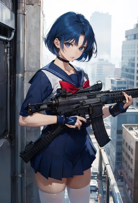 Masterpiece,best quality,
Sailor Mercury, aiming AK-47 assault rifle, determined expression, Sailor Scout outfit, short blue hair, urban rooftop setting, smoggy, intense.