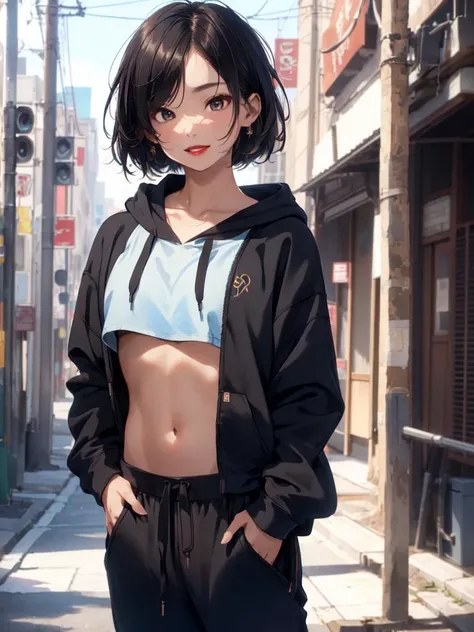 1 girl, beautiful Korean girl, (Cute Loose Bob hair), (wearing a cropped hoodie, capri sweatpants:1.5), (hands in pockets:1.5), (red lips:1.3), (small s:1.3), (toned stomach:1.3), (eyelashes:1.2), (aegyo sal:1.2), (detailed face), immersive background, volumetric haze, global illumination, (flowing hair), (bright smile), natural lighting, ((beautiful detailed eyes, symmetrical eyes), (photorealism:1.5), (photorealistic:1.4), (8k, RAW photo, masterpiece), High detail RAW color photo, realistic, (highest quality), (best shadow), (best illustration), ultra high resolution, highly detailed CG unified 8K wallpapers, physics-based rendering, realistic, realism, high contrast, hyperrealism, f1.6 lens, rich colors, hyper-realistic lifelike texture, cinestill 800)