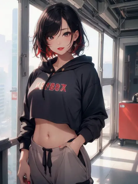 1 girl, beautiful Korean girl, (Cute Loose Bob hair), (wearing a cropped hoodie, capri sweatpants:1.5), (hands in pockets:1.5), (red lips:1.3), (small breasts:1.3), (toned stomach:1.3), (eyelashes:1.2), (aegyo sal:1.2), (detailed face), immersive background, volumetric haze, global illumination, (flowing hair), (bright smile), natural lighting, ((beautiful detailed eyes, symmetrical eyes), (photorealism:1.5), (photorealistic:1.4), (8k, RAW photo, masterpiece), High detail RAW color photo, realistic, (highest quality), (best shadow), (best illustration), ultra high resolution, highly detailed CG unified 8K wallpapers, physics-based rendering, realistic, realism, high contrast, hyperrealism, f1.6 lens, rich colors, hyper-realistic lifelike texture, cinestill 800)