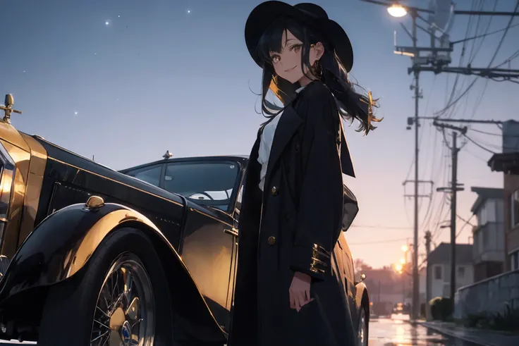 Masterpiece,best quality,
Sailor Pluto standing in front of a vintage black and gold Rolls-Royce, looking off into the distance with a mysterious smile. She's wearing a long black coat and boots with a stylish hat, and the moonlit sky adds an ethereal feel. Camera angle: medium shot.