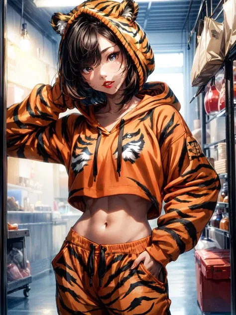 1 girl, beautiful Korean girl, (Cute Loose Bob hair), (wearing a cropped tiger hoodie, capri sweatpants:1.5), (hands in pockets:1.5), (red lips:1.3), (small breasts:1.3), (toned stomach:1.3), (eyelashes:1.2), (aegyo sal:1.2), (detailed face), immersive background, volumetric haze, global illumination, (flowing hair), (bright smile), natural lighting, ((beautiful detailed eyes, symmetrical eyes), (photorealism:1.5), (photorealistic:1.4), (8k, RAW photo, masterpiece), High detail RAW color photo, realistic, (highest quality), (best shadow), (best illustration), ultra high resolution, highly detailed CG unified 8K wallpapers, physics-based rendering, realistic, realism, high contrast, hyperrealism, f1.6 lens, rich colors, hyper-realistic lifelike texture, cinestill 800), <lora:add_detail:1>