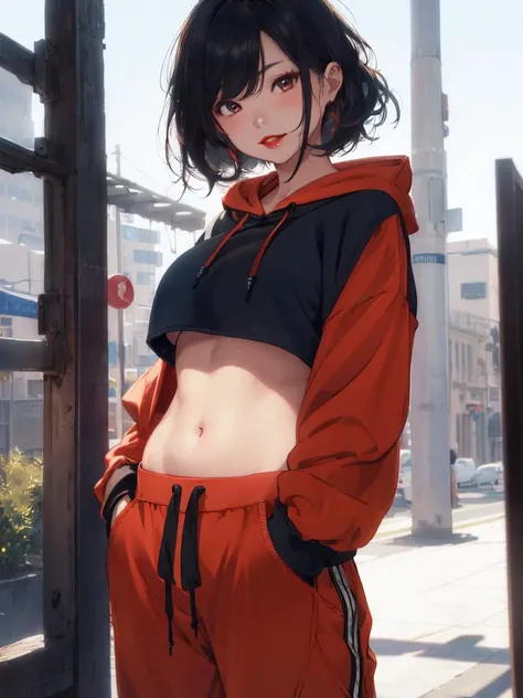 1 girl, beautiful Korean girl, (Cute Loose Bob hair), (wearing a cropped hoodie, capri sweatpants:1.5), (hands in pockets:1.5), (red lips:1.3), (small breasts:1.3), (toned stomach:1.3), (eyelashes:1.2), (aegyo sal:1.2), (detailed face), immersive background, volumetric haze, global illumination, (flowing hair), (bright smile), natural lighting, ((beautiful detailed eyes, symmetrical eyes), (photorealism:1.5), (photorealistic:1.4), (8k, RAW photo, masterpiece), High detail RAW color photo, realistic, (highest quality), (best shadow), (best illustration), ultra high resolution, highly detailed CG unified 8K wallpapers, physics-based rendering, realistic, realism, high contrast, hyperrealism, f1.6 lens, rich colors, hyper-realistic lifelike texture, cinestill 800)