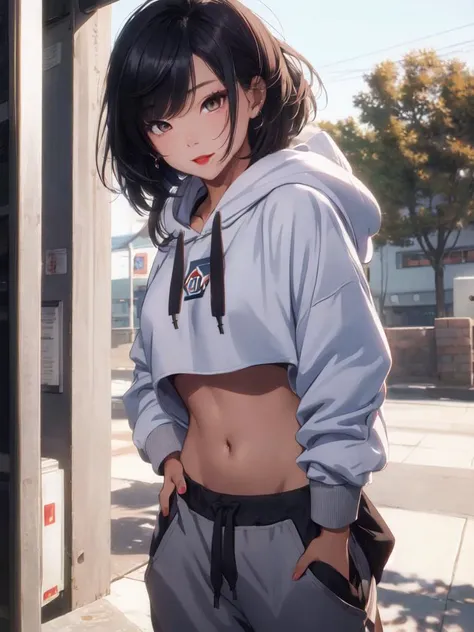1 girl, beautiful Korean girl, (Cute Loose Bob hair), (wearing a cropped hoodie, capri sweatpants:1.5), (hands in pockets:1.5), (red lips:1.3), (small s:1.3), (toned stomach:1.3), (eyelashes:1.2), (aegyo sal:1.2), (detailed face), immersive background, volumetric haze, global illumination, (flowing hair), (bright smile), natural lighting, ((beautiful detailed eyes, symmetrical eyes), (photorealism:1.5), (photorealistic:1.4), (8k, RAW photo, masterpiece), High detail RAW color photo, realistic, (highest quality), (best shadow), (best illustration), ultra high resolution, highly detailed CG unified 8K wallpapers, physics-based rendering, realistic, realism, high contrast, hyperrealism, f1.6 lens, rich colors, hyper-realistic lifelike texture, cinestill 800)