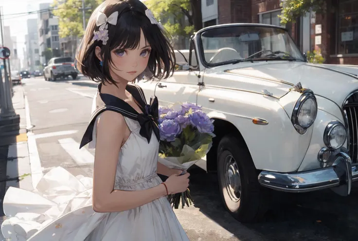 Masterpiece,best quality,
Sailor Saturn standing in front of a classic white convertible, holding a bouquet of flowers with a serene expression on her face. She's wearing a white dress with a bow and high heels, and the sunny day adds a romantic touch. Camera angle: close-up shot.
