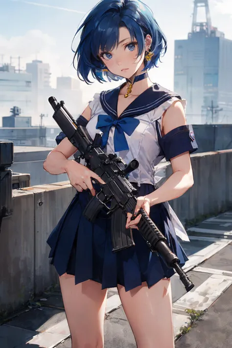 Masterpiece,best quality,
Sailor Mercury, aiming AK-47 assault rifle, determined expression, Sailor Scout outfit, short blue hair, urban rooftop setting, smoggy, intense.