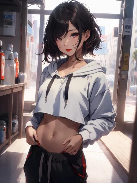 1 girl, beautiful Korean girl, (Cute Loose Bob hair), (wearing a cropped hoodie, capri sweatpants:1.5), (hands in pockets:1.5), (red lips:1.3), (small s:1.3), (toned stomach:1.3), (eyelashes:1.2), (aegyo sal:1.2), (detailed face), immersive background, volumetric haze, global illumination, (flowing hair), (bright smile), natural lighting, ((beautiful detailed eyes, symmetrical eyes), (photorealism:1.5), (photorealistic:1.4), (8k, RAW photo, masterpiece), High detail RAW color photo, realistic, (highest quality), (best shadow), (best illustration), ultra high resolution, highly detailed CG unified 8K wallpapers, physics-based rendering, realistic, realism, high contrast, hyperrealism, f1.6 lens, rich colors, hyper-realistic lifelike texture, cinestill 800)