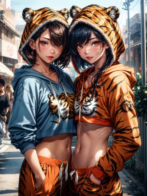 1 girl, beautiful Korean girl, (Cute Loose Bob hair), (wearing a cropped tiger hoodie, capri sweatpants:1.5), (hands in pockets:1.5), (red lips:1.3), (small breasts:1.3), (toned stomach:1.3), (eyelashes:1.2), (aegyo sal:1.2), (detailed face), immersive background, volumetric haze, global illumination, (flowing hair), (bright smile), natural lighting, ((beautiful detailed eyes, symmetrical eyes), (photorealism:1.5), (photorealistic:1.4), (8k, RAW photo, masterpiece), High detail RAW color photo, realistic, (highest quality), (best shadow), (best illustration), ultra high resolution, highly detailed CG unified 8K wallpapers, physics-based rendering, realistic, realism, high contrast, hyperrealism, f1.6 lens, rich colors, hyper-realistic lifelike texture, cinestill 800), <lora:add_detail:1>