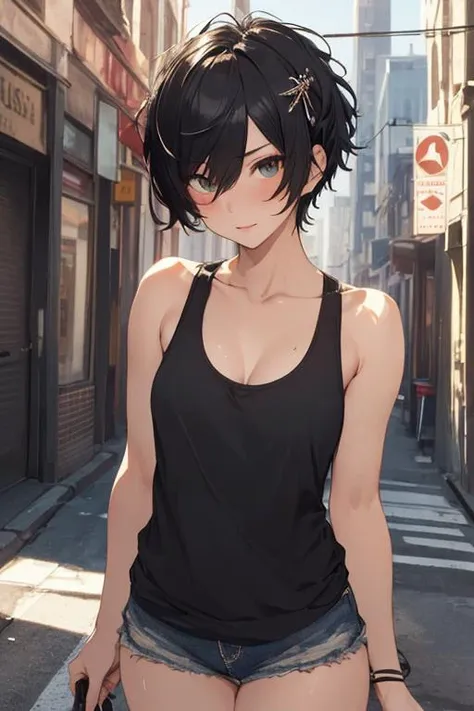 (masterpiece, best quality, ultra-detailed), a sultry, seductive, cute girl in a tank top with black short hair and a hairpin, in a metaverse